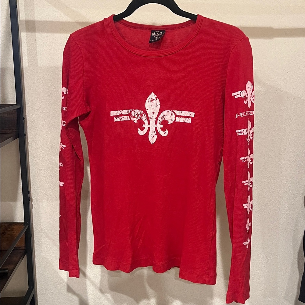 Elegant Red Long Sleeve Top with Fleur-de-Lis